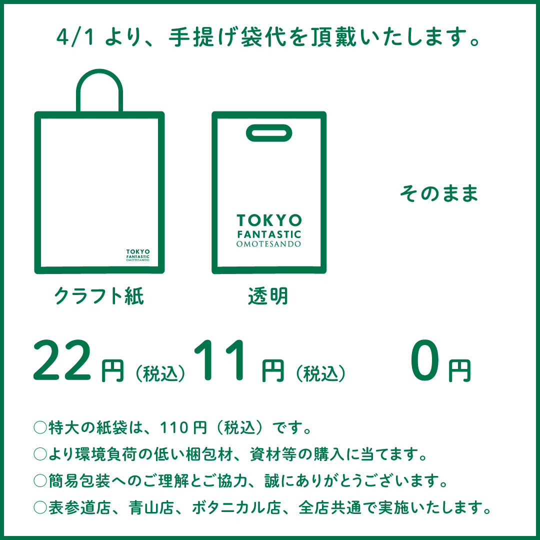 クラフト紙22円、透明11円、手提げ袋不要、そのままお渡しの場合0円。