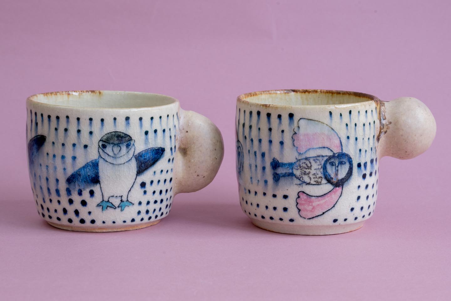 青やピンクの鳥が描かれたsuzaniさんの陶器マグカップ
